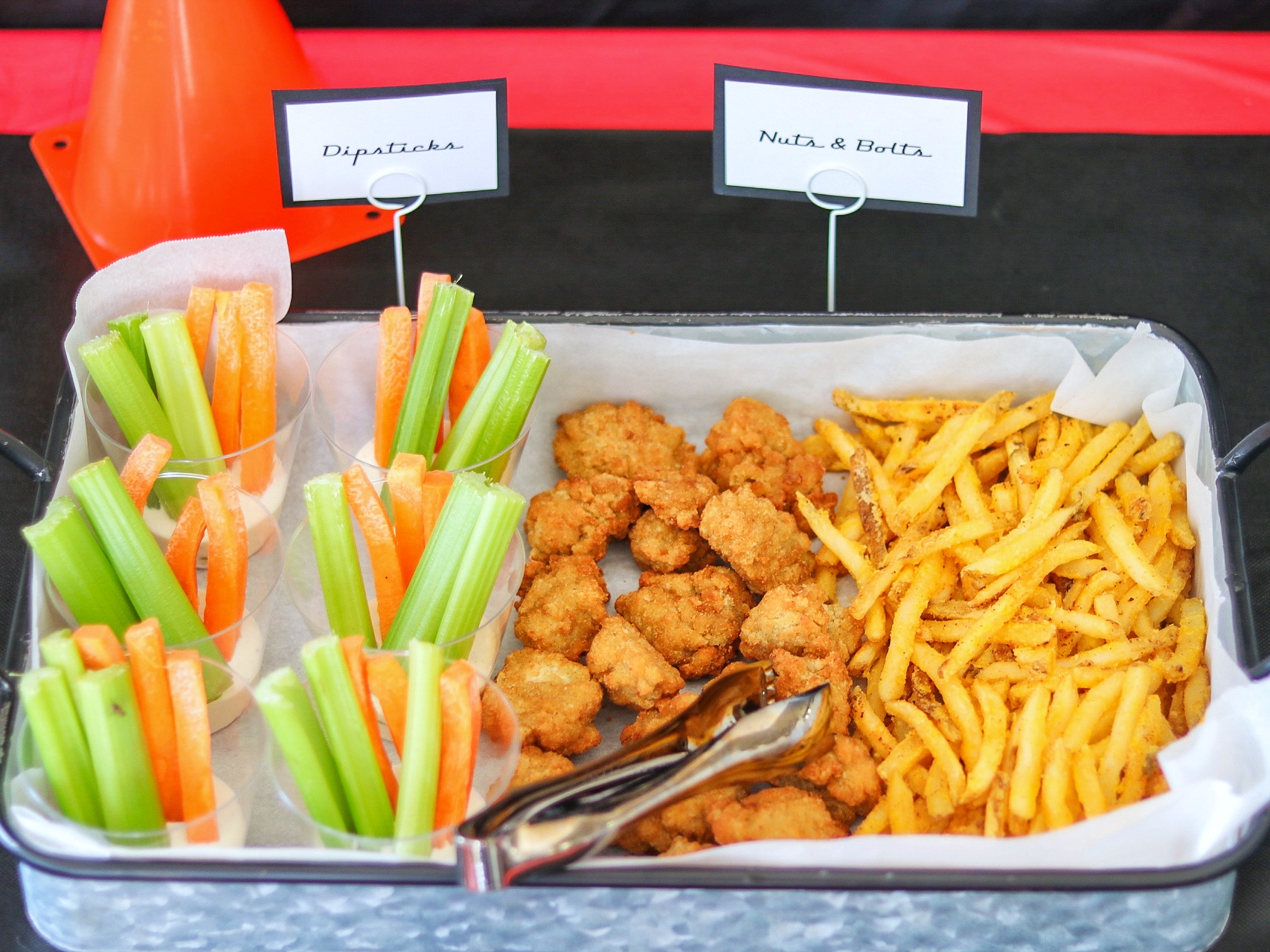 Disney Cars party food ideas: Dipsticks, Nuts & Bolts