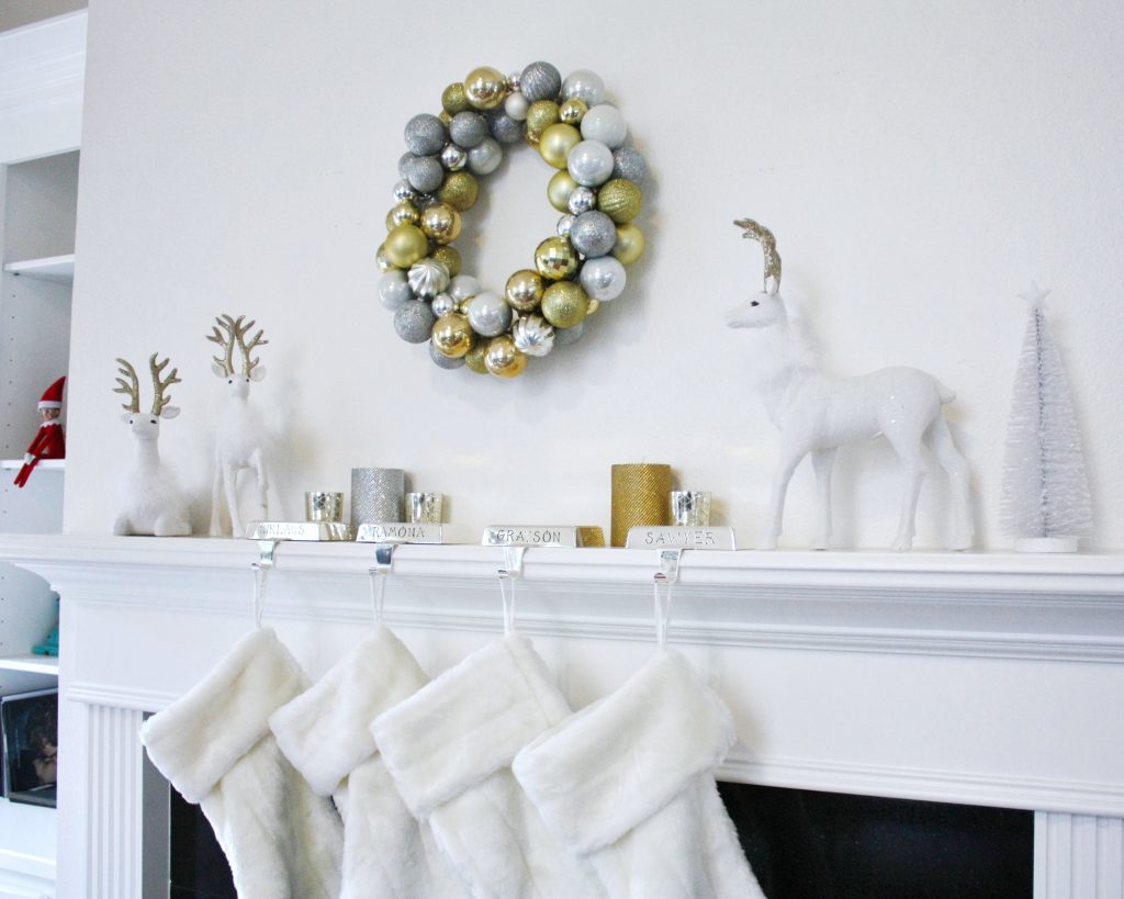 white silver gold christmas mantel with a DIY silver and gold Christmas wreath