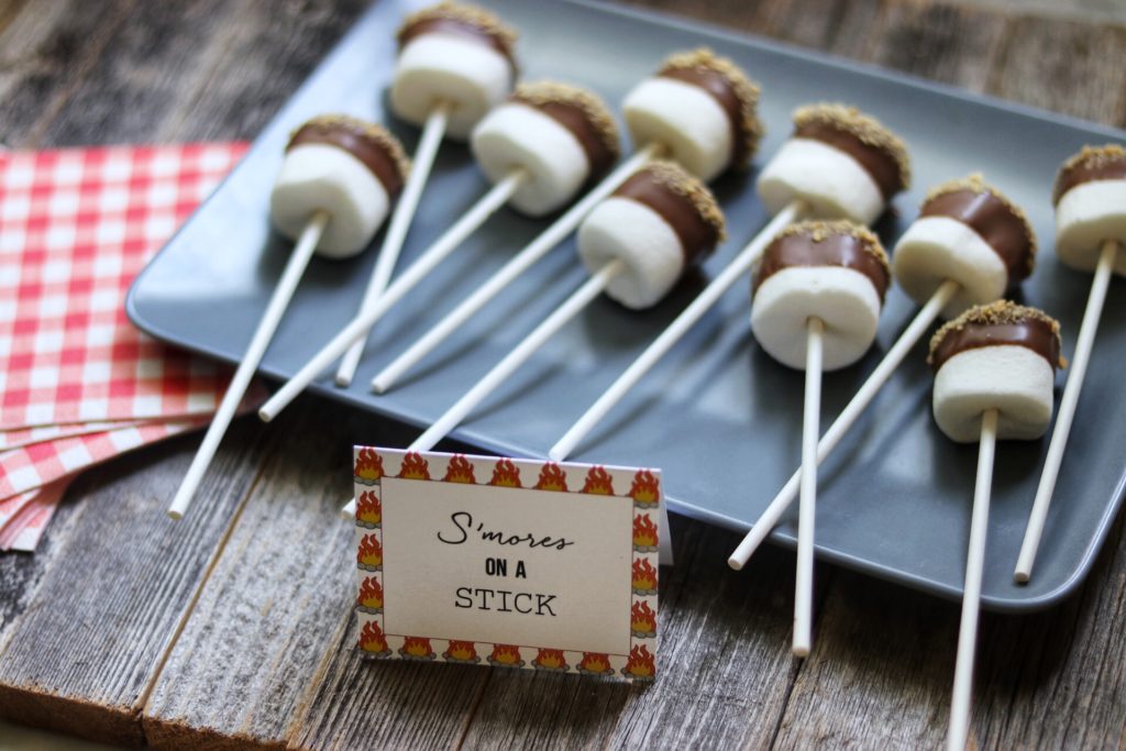 Easy camping themed party ideas: S'mores on a Stick dessert