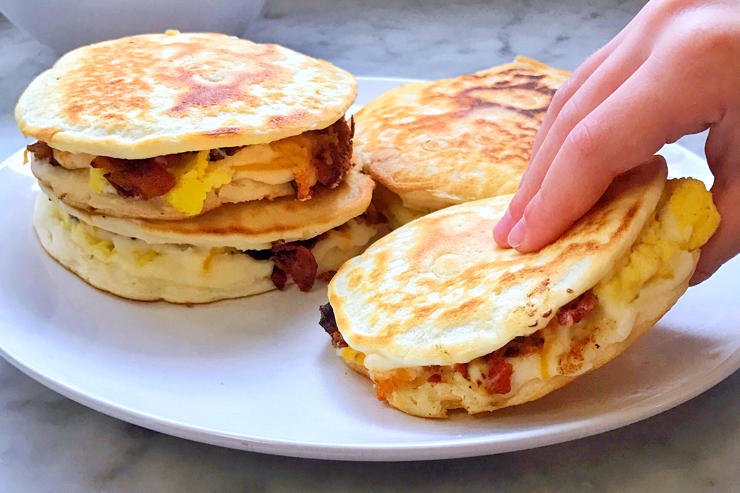 grab and go breakfast sandwich: bacon egg and cheese pancake sandwich