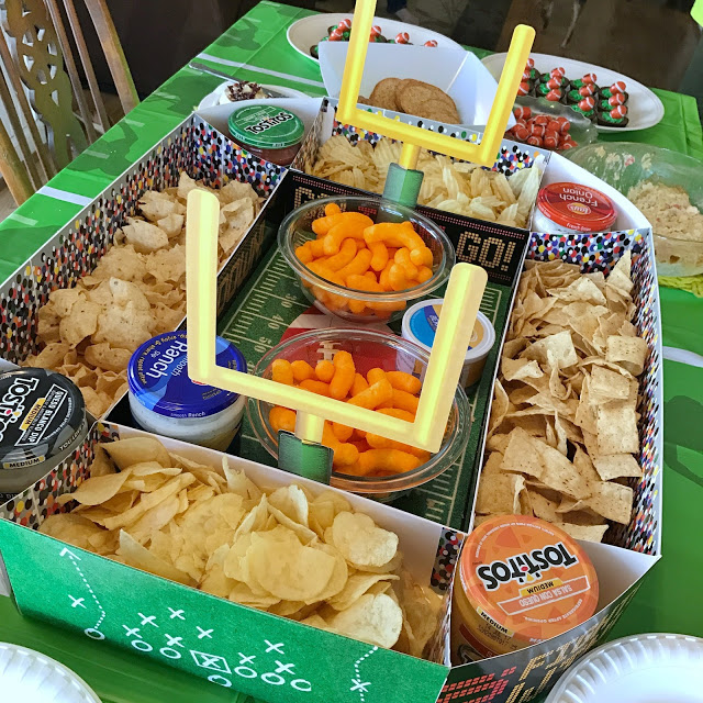 snack stadium chip and dip display for a football party food idea