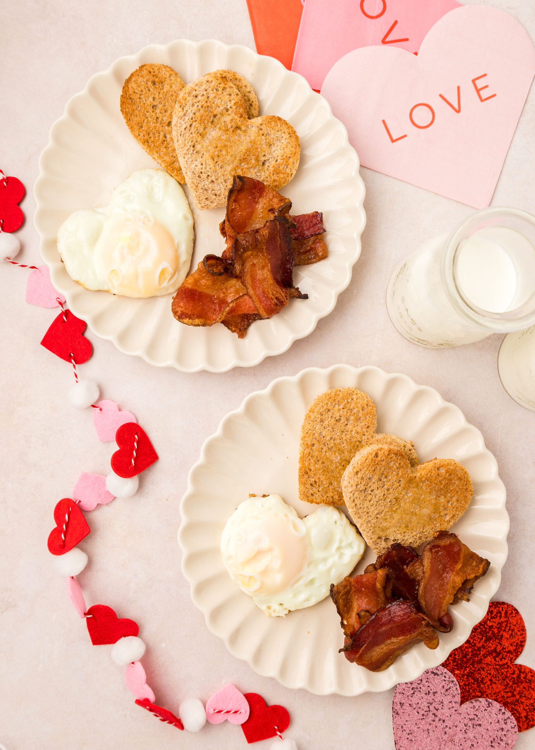 valentine's day heart shaped bacon and heart shaped eggs and heart shaped toast