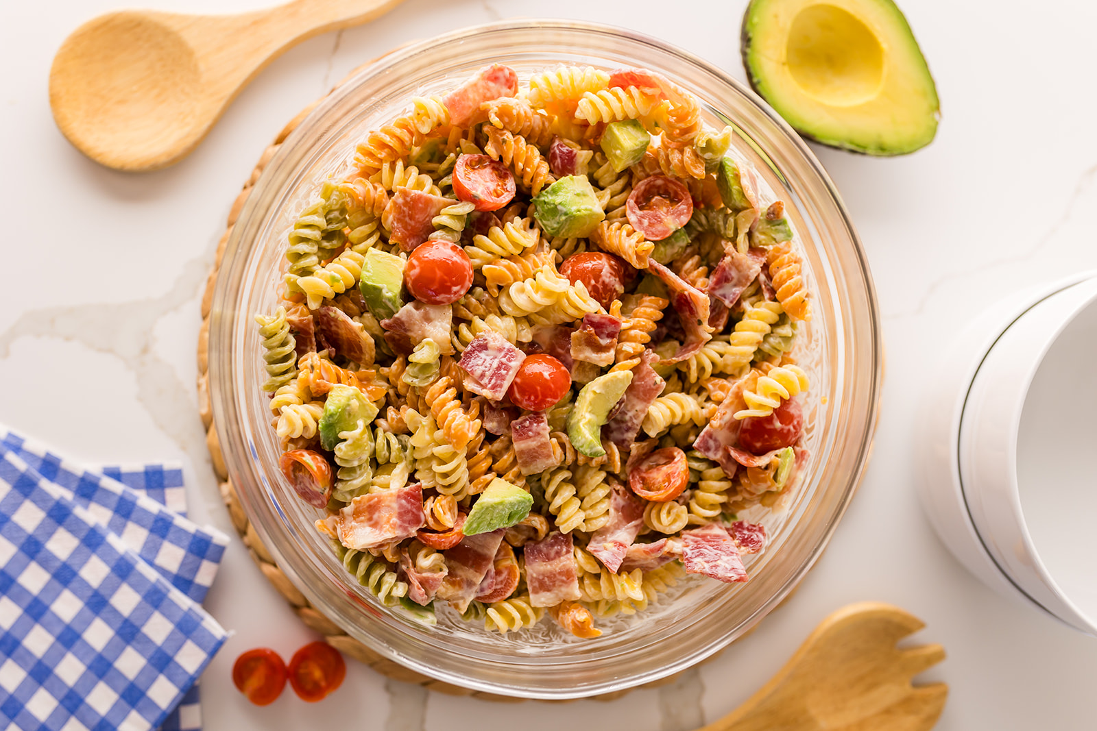 pasta salad with bacon, avocado, and ranch