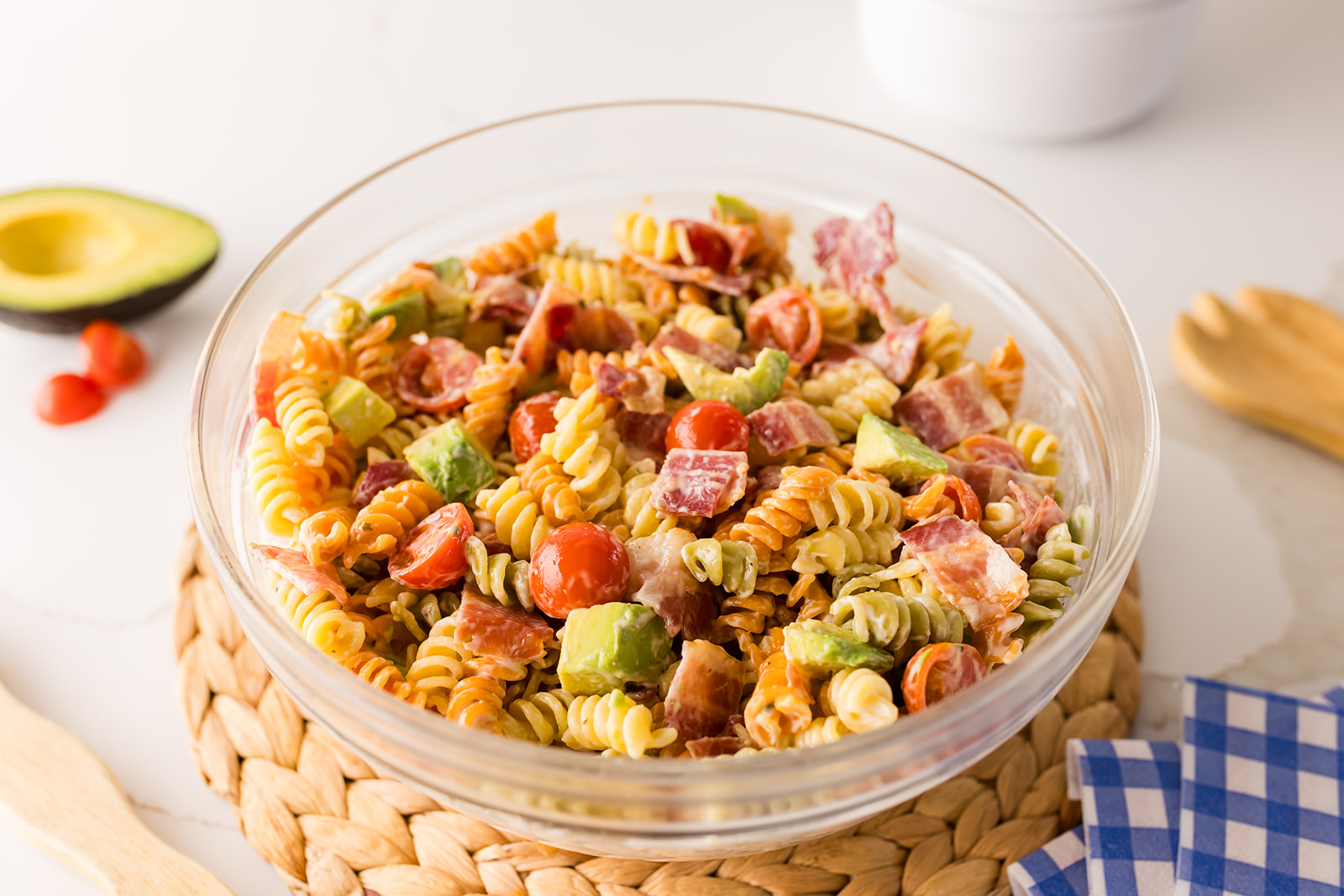 pasta salad recipe with avocado, bacon, and ranch dressing