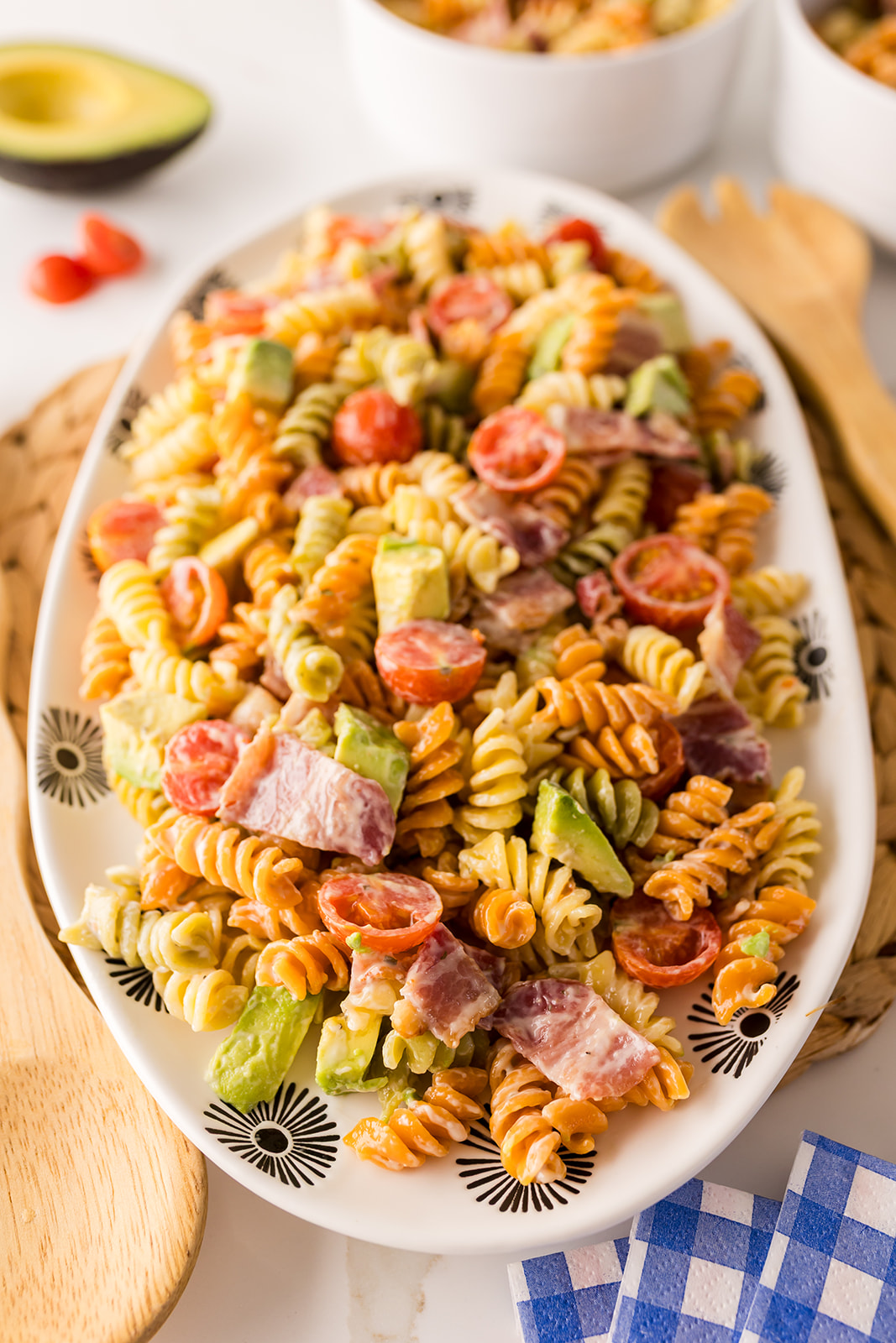 creamy bacon pasta salad recipe with avocado and ranch