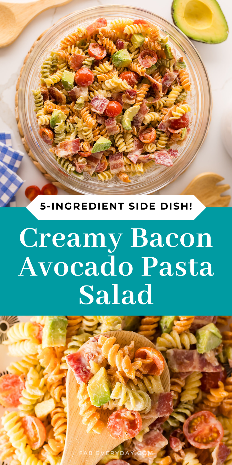 Creamy Bacon Avocado Pasta Salad (easy, 5-ingredient pasta salad with bacon and ranch dressing)
