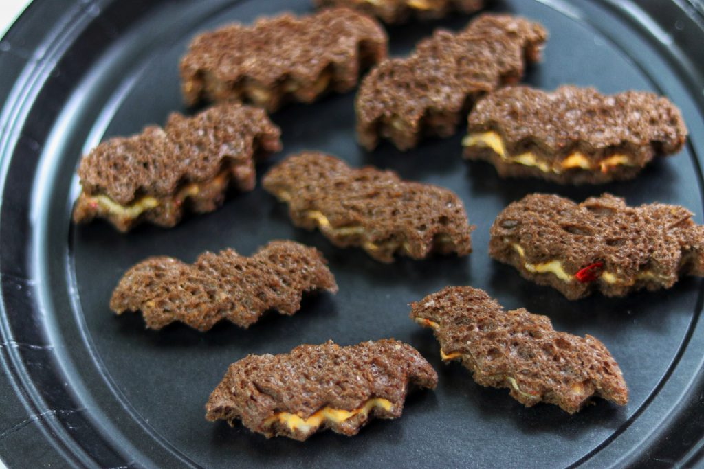 Easy kid-friendly Halloween food idea: Pumpernickel and Pimento Cheese Bats
