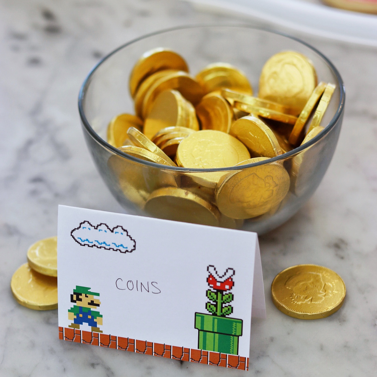 gold coins candy Nintendo birthday party favor