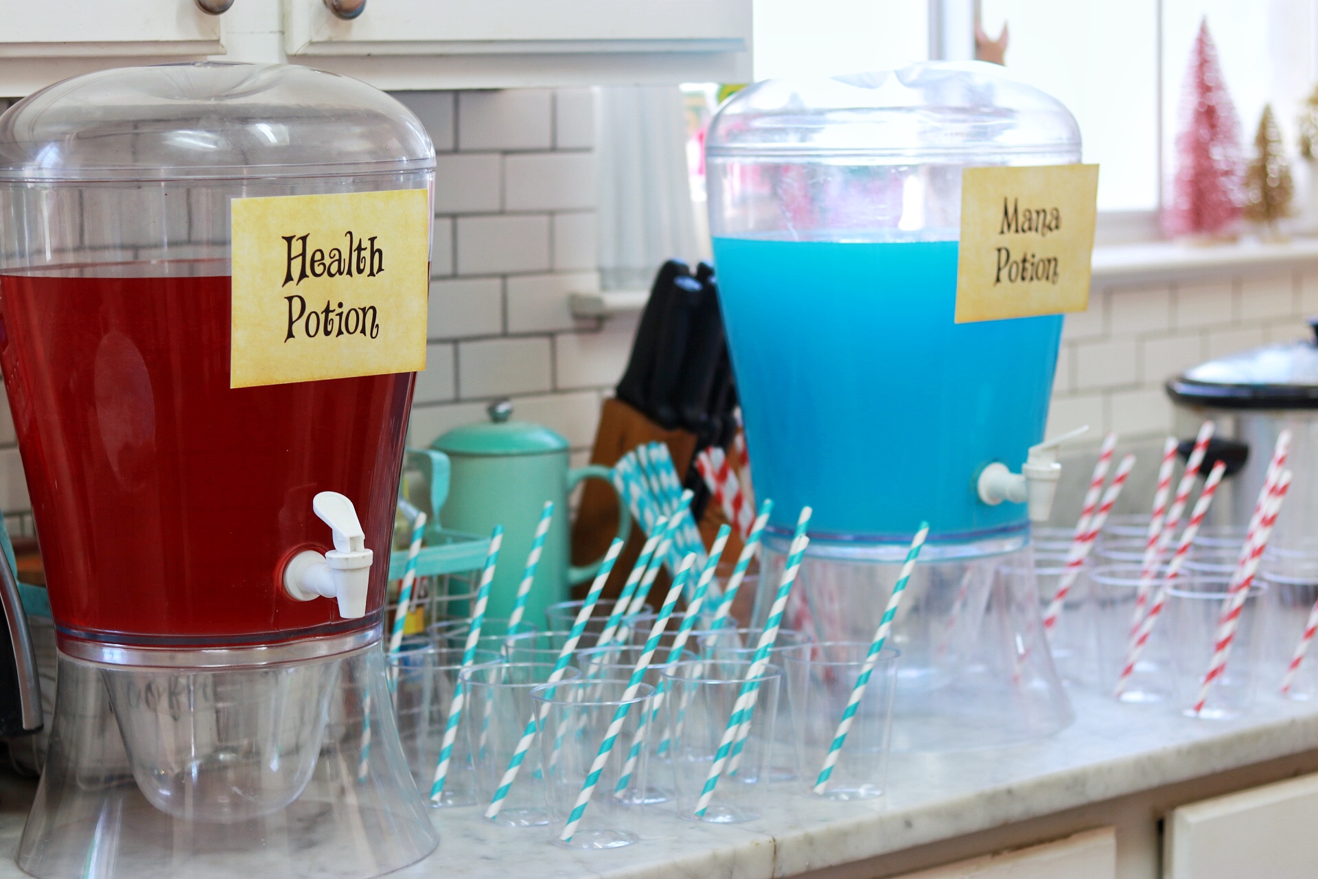 health and mana potion juices to serve at a legend of Zelda themed birthday party
