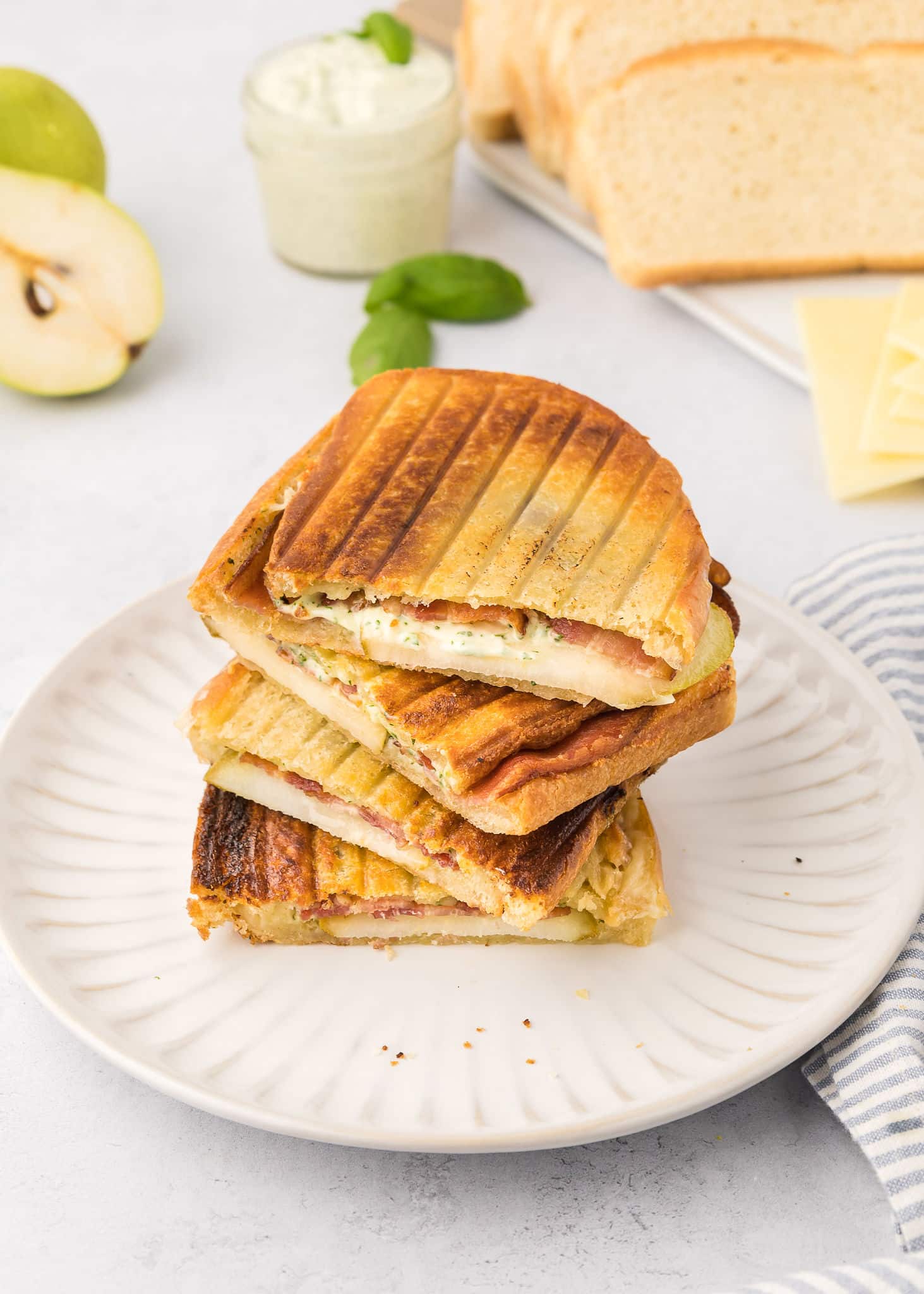 Pear and Bacon Panini with Basil Aioli (grilled cheese with pear and bacon)