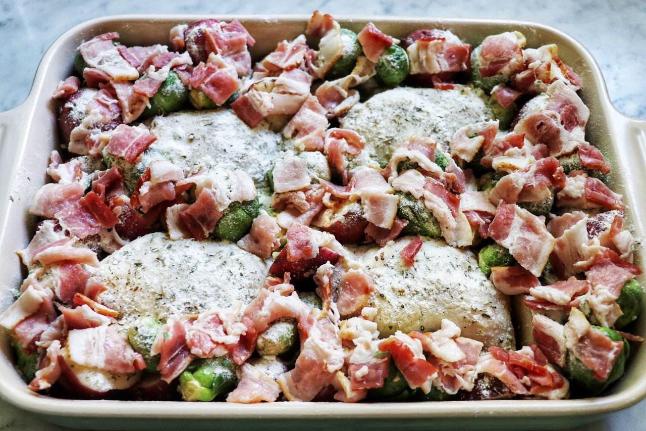 recipe for baked ranch chicken thighs brussel sprouts potatoes