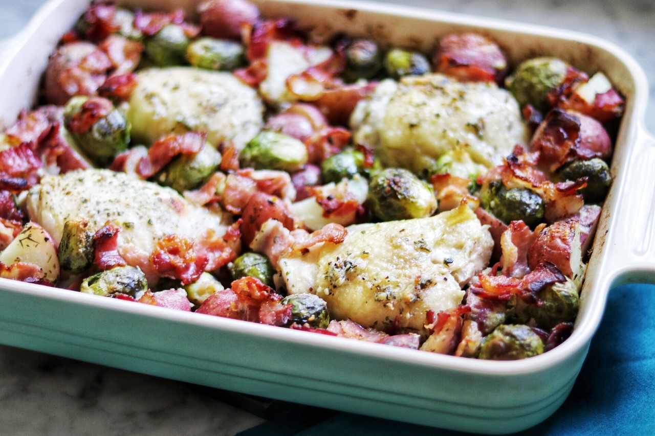 Ranch-Baked Chicken Thighs with Bacon, Brussels Sprouts, and Potatoes