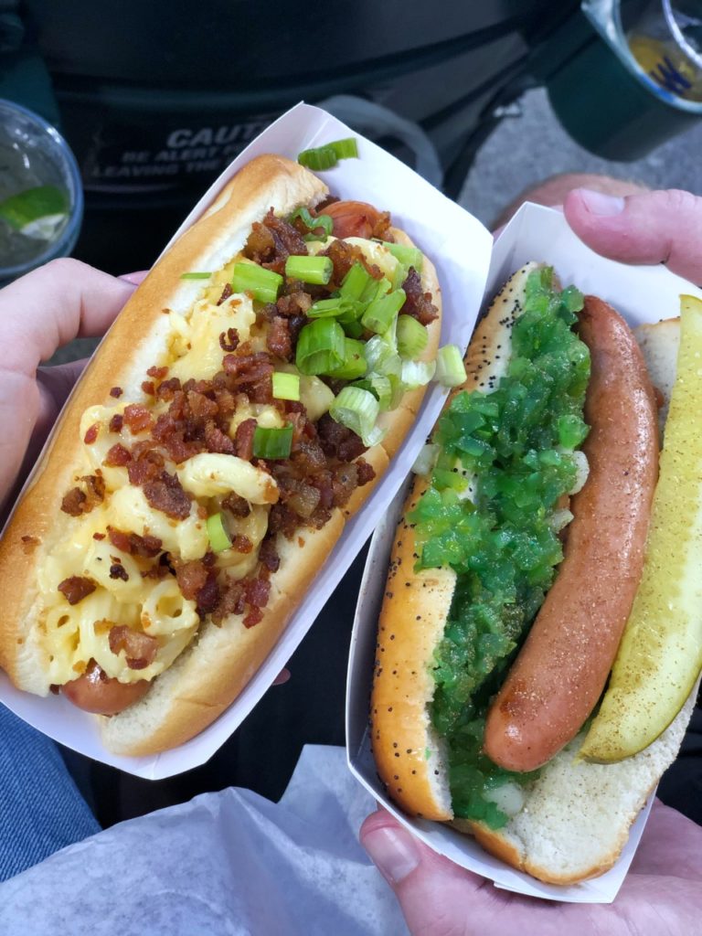 food at detroit tigers stadium: Mac Daddy Dog and Chicago Dog hot dogs at Comerica Park