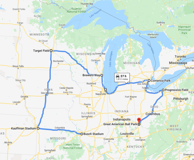 Route for planning the ultimate Midwest baseball road trip