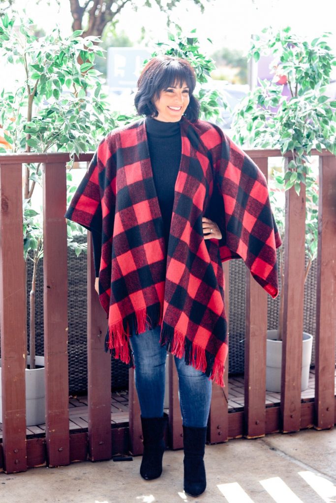 red buffalo plaid cape wrap from SHEIN plus a black friday sale discount code