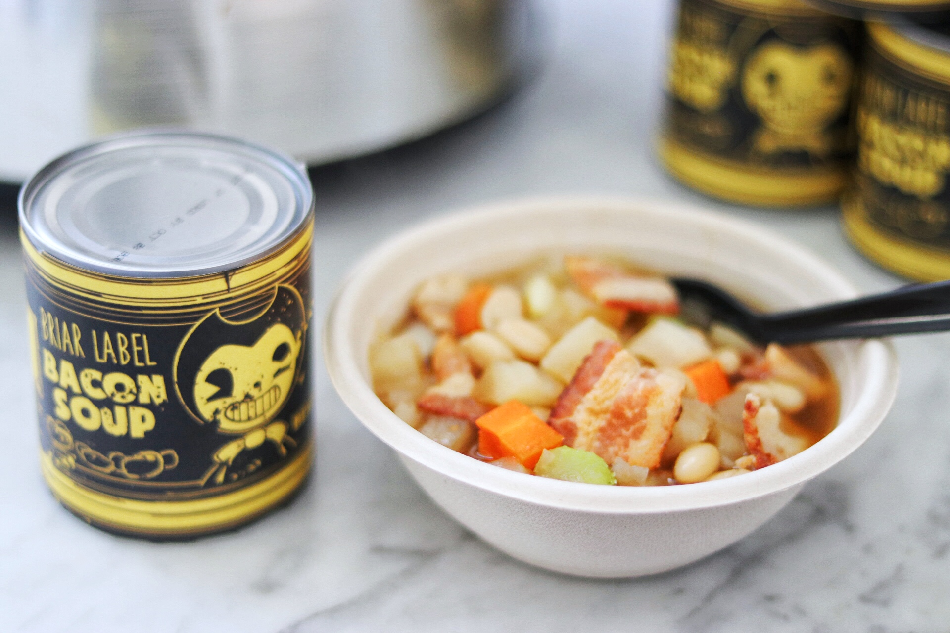 homemade bendy and the ink machine bacon soup recipe with printable bacon soup can labels