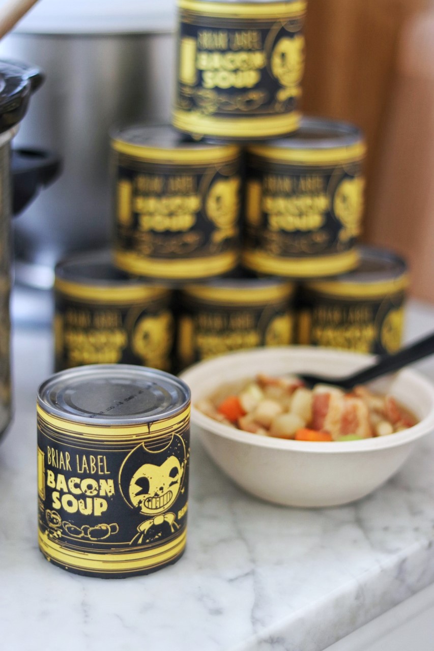 Bendy and the Ink Machine party food idea: bacon soup with printable can label