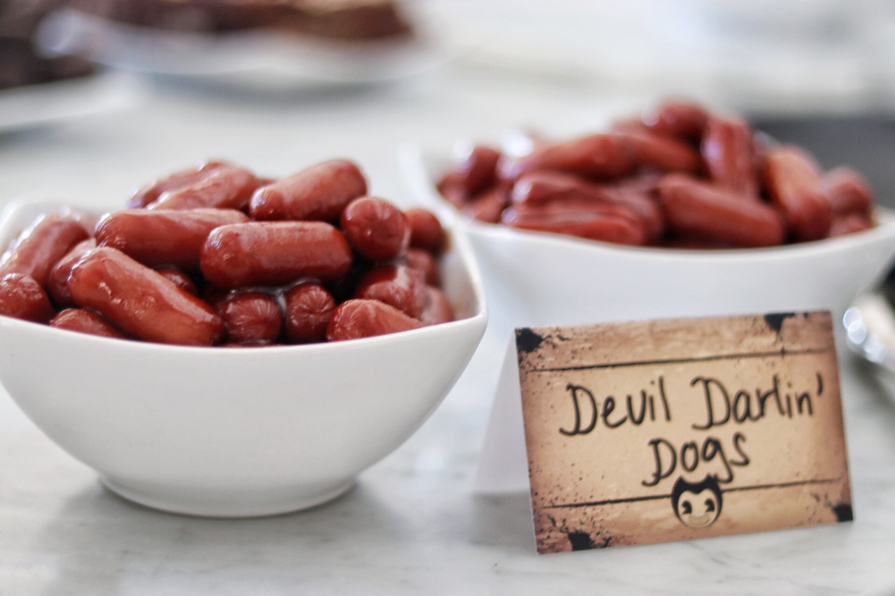 Bendy and the Ink Machine themed birthday party food: lil smokies with bbq sauce, or "Devil Darlin' Dogs"