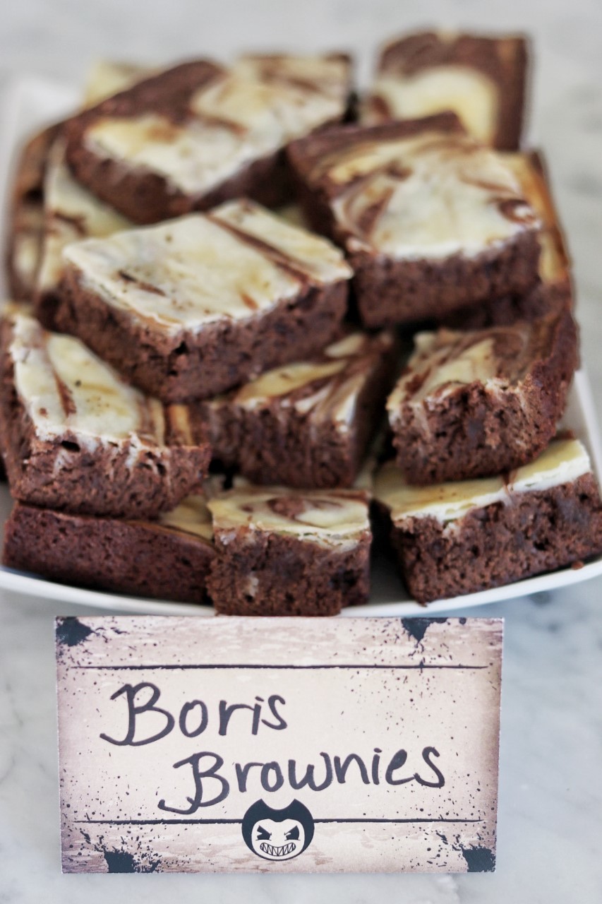 Food ideas for a Bendy and the Ink Machine themed birthday party: Boris Brownies