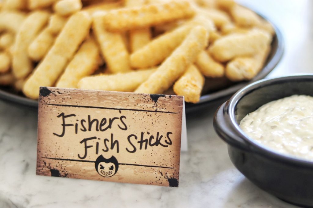 Kid-friendly food for a Bendy and the Ink Machine themed party: Fisher's Fish Sticks
