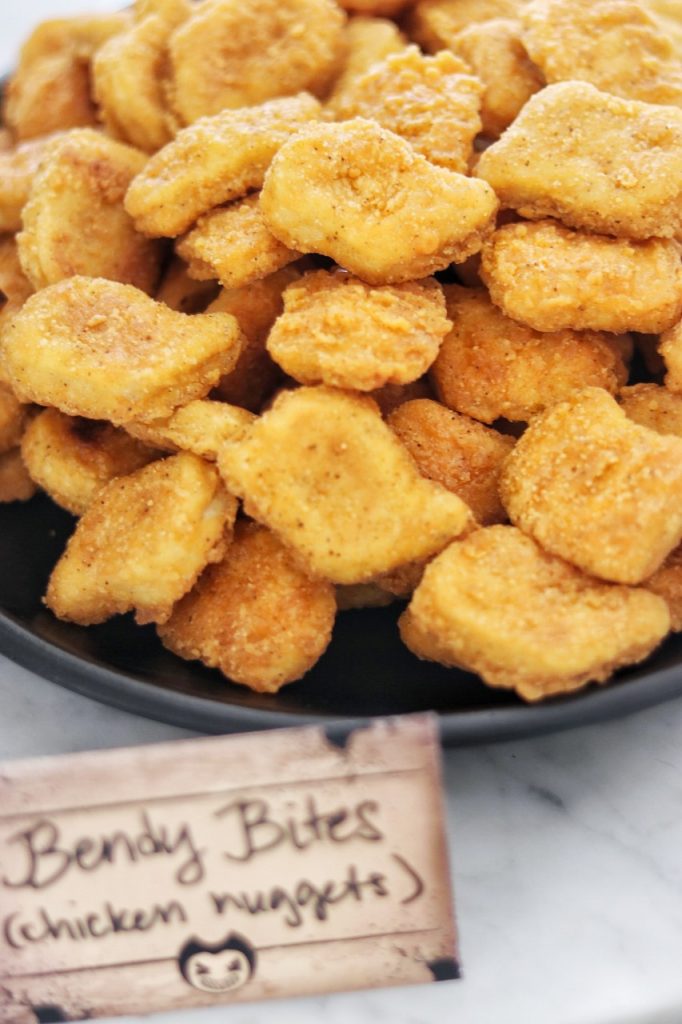 Food idea for a Bendy and the Ink Machine themed birthday party: chicken nuggets, or "Bendy Bites"
