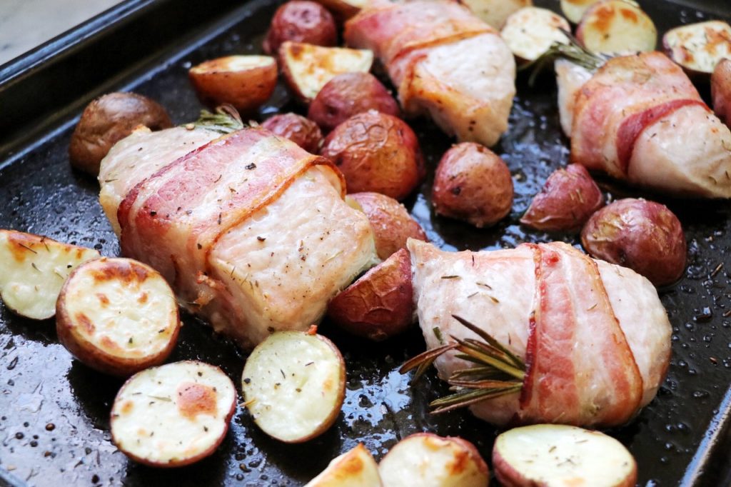 One-Pan Bacon-Wrapped Pork Chops Dinner recipe (easy weeknight family dinner idea)