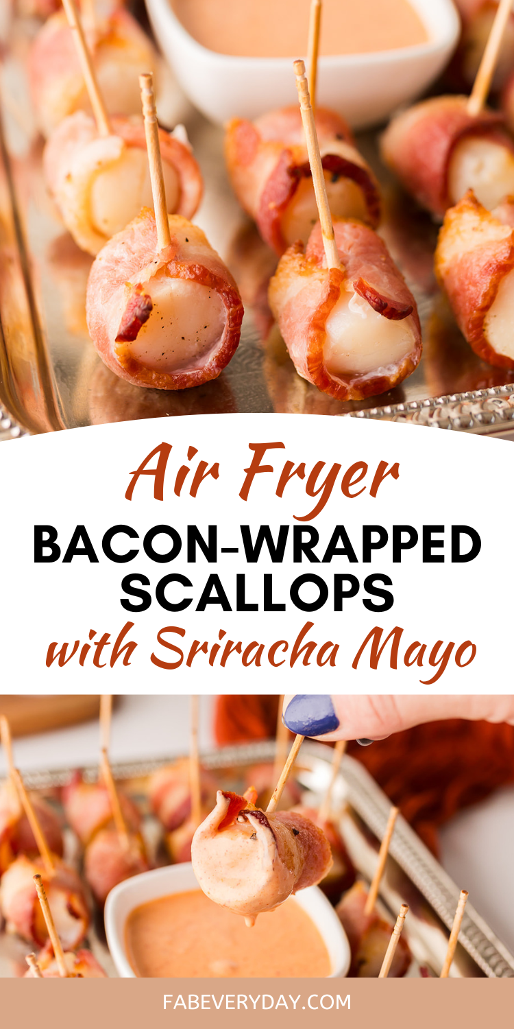 Air Fryer Bacon-Wrapped Scallops with Sriracha Mayo dipping sauce