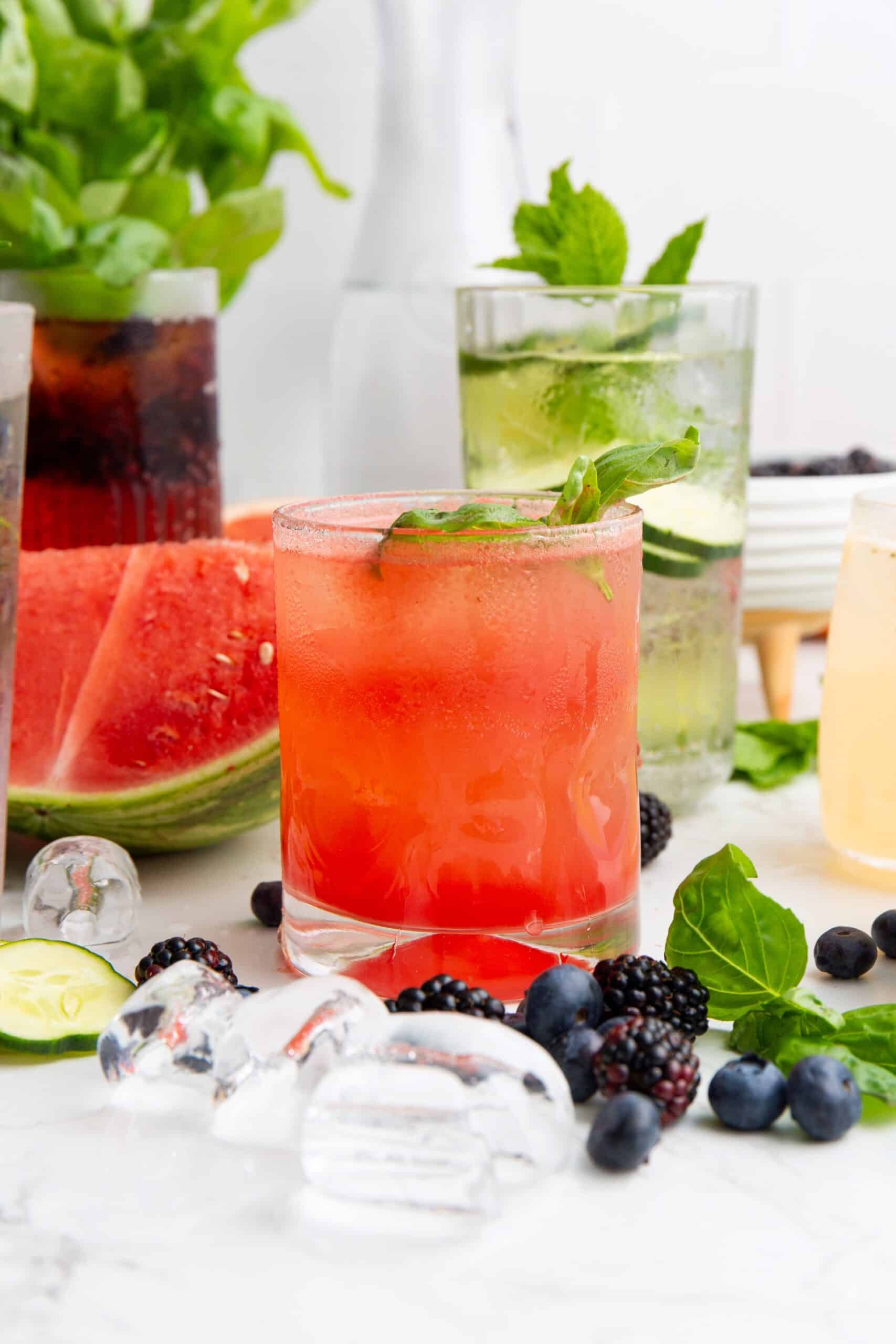 watermelon mocktail with sparkling water, basil, and lime juice