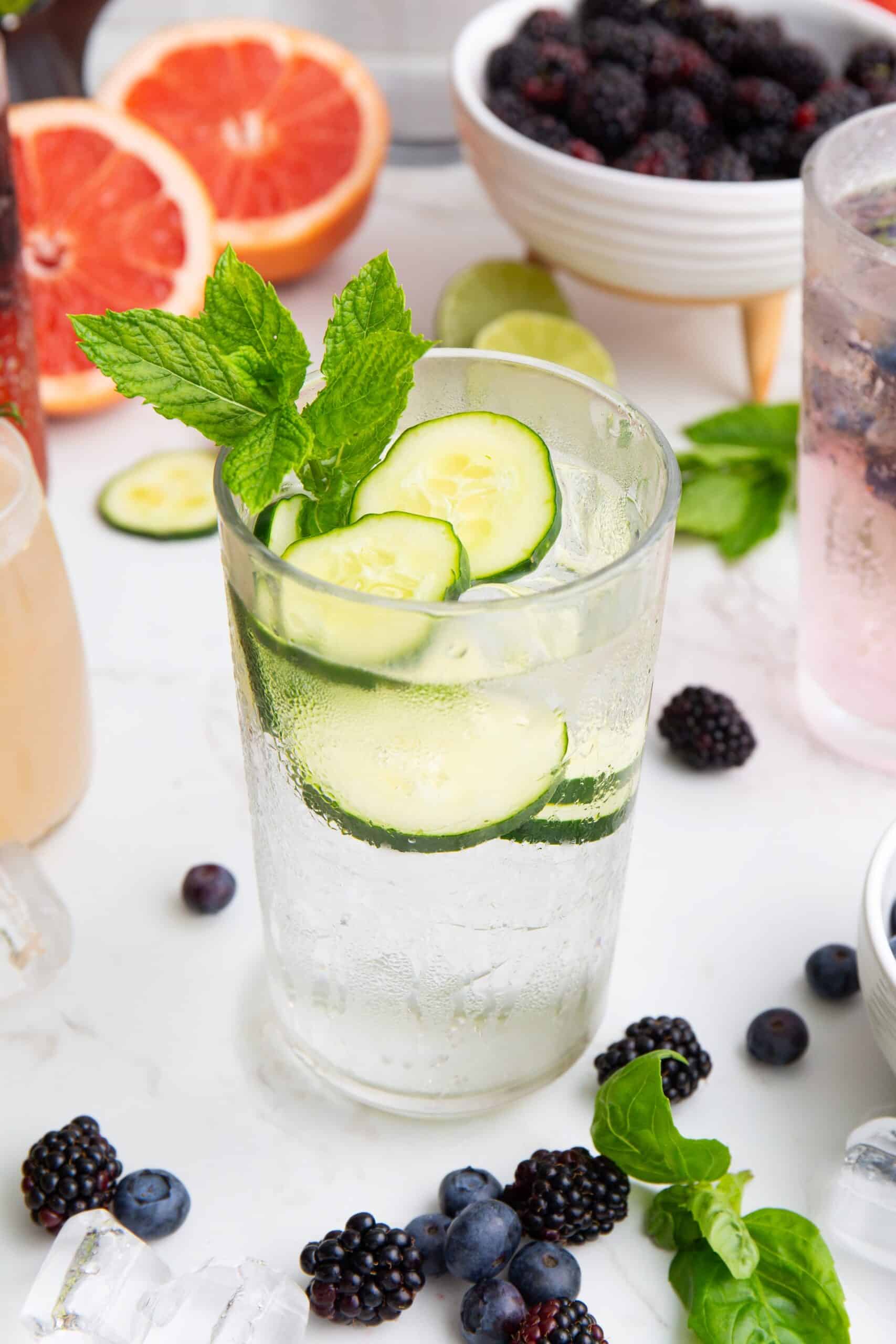 cucumber mint mocktail with sparkling water