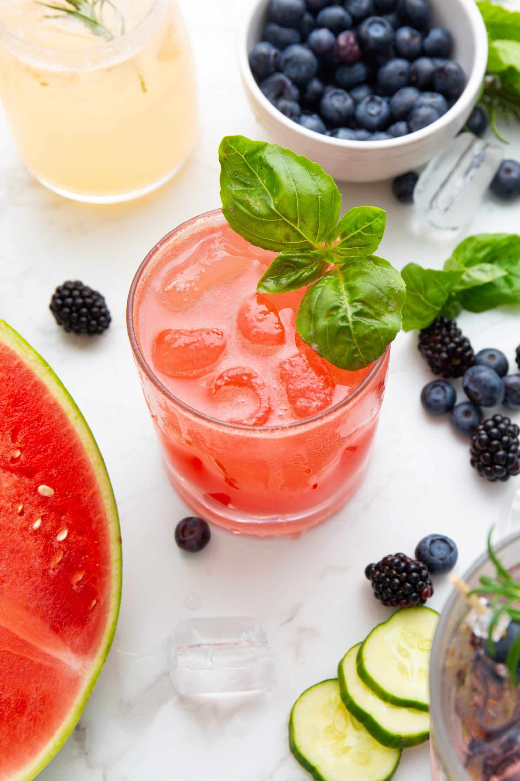 watermelon mocktail with sparkling water, basil, and lime juice