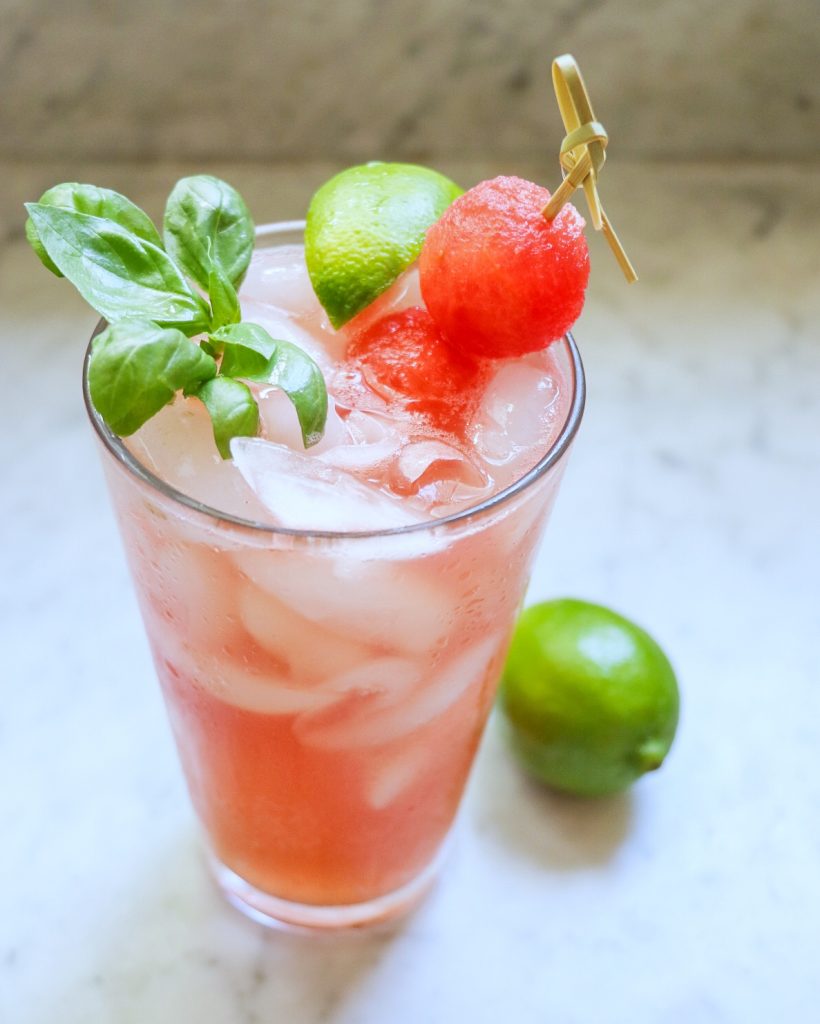 watermelon mocktail with basil and lime