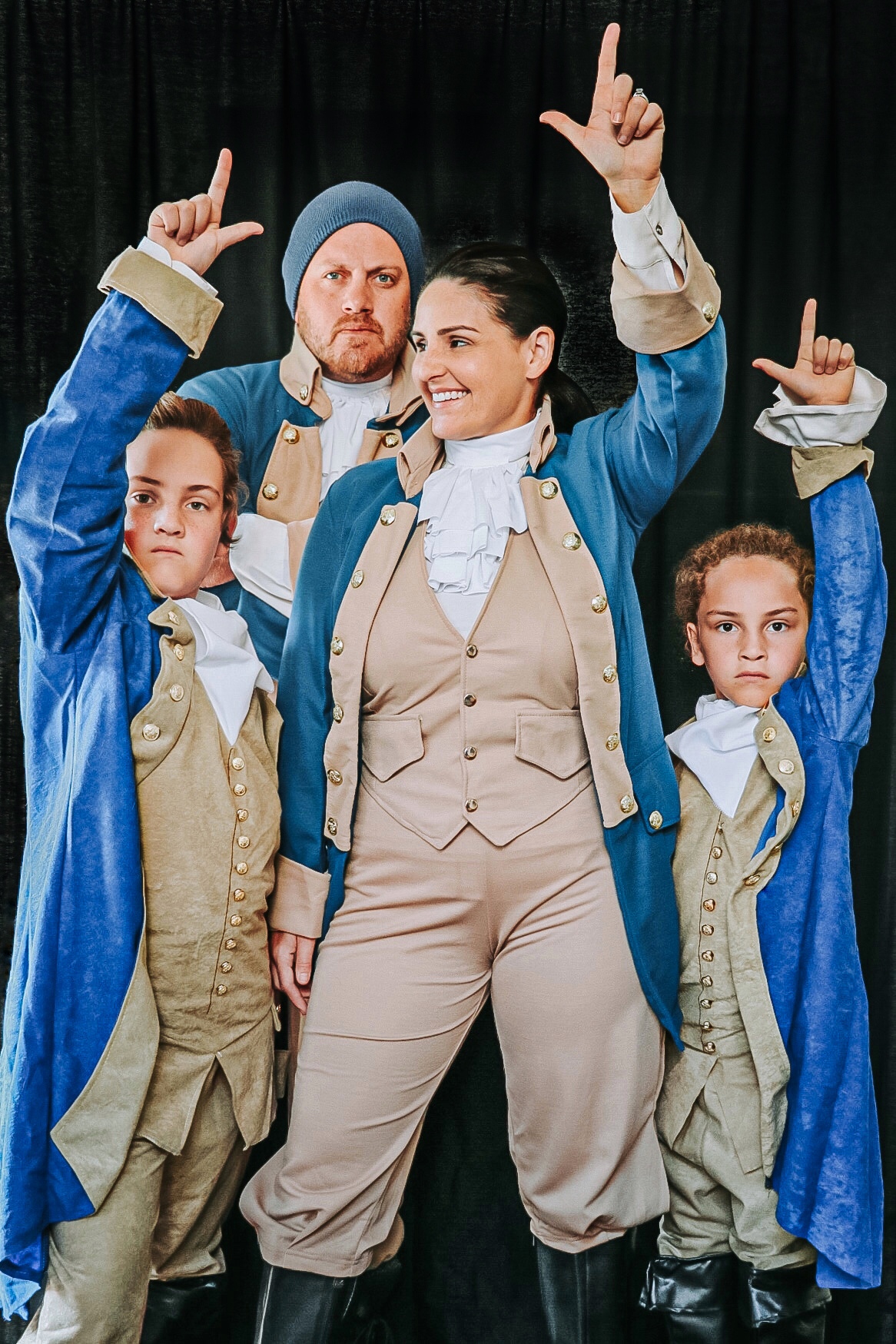 Alexander Hamilton costume with John Laurens, Hercules Mulligan, and Marquis de Lafayette costumes from the musical Hamilton