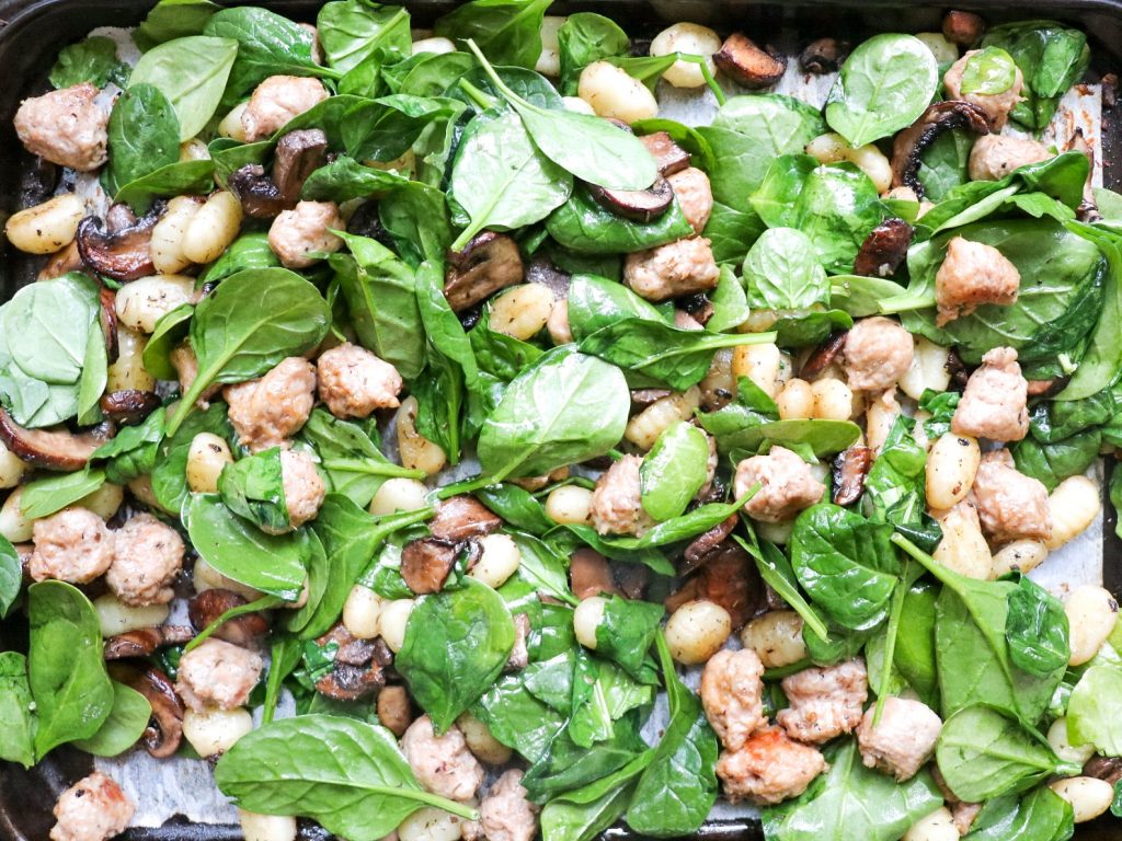 sheet pan gnocchi and sausage with spinach
