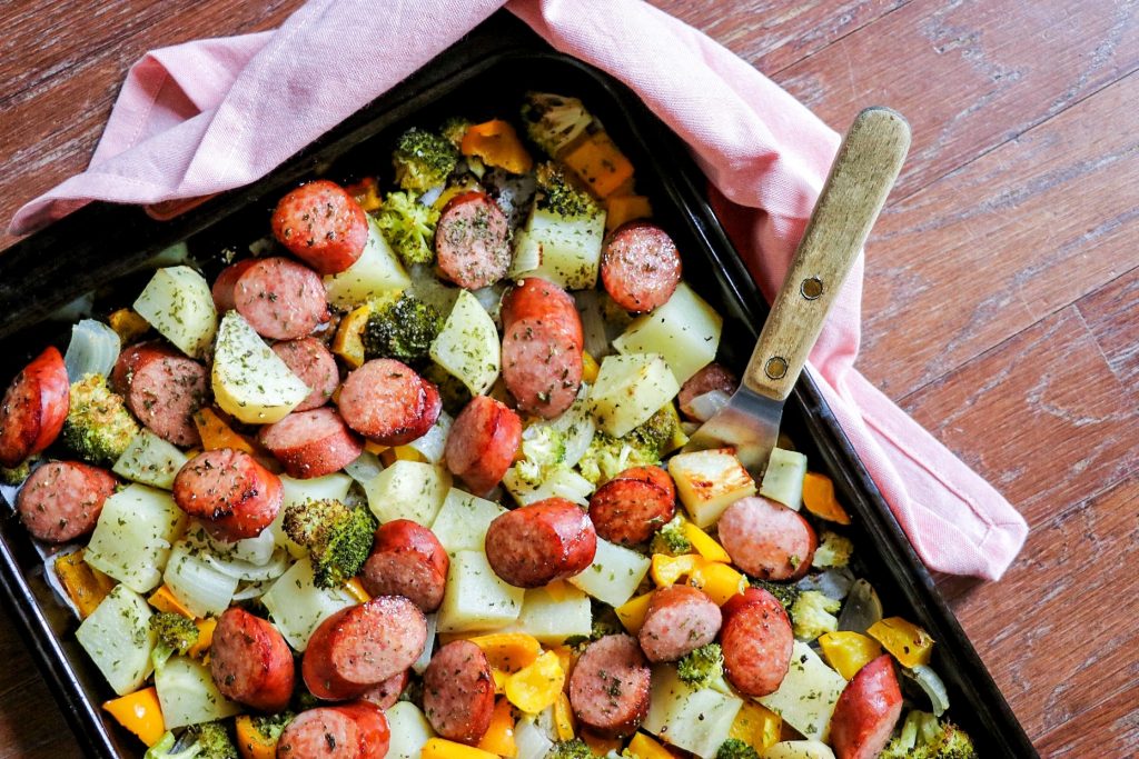 sheet pan sausage and veggies and potatoes 