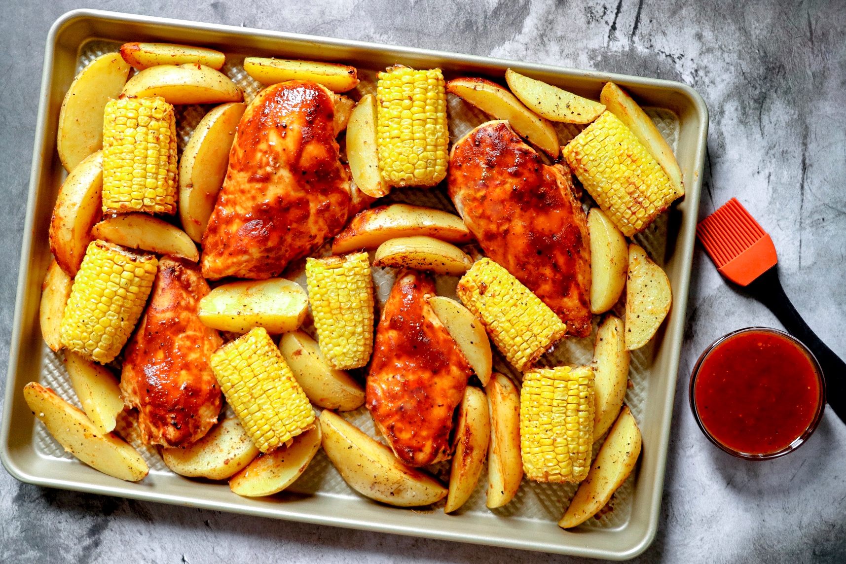 Baked BBQ Chicken Breast with Corn and Potatoes