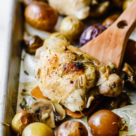 One Pan Roasted Chicken and Potatoes (sheet pan chicken thighs recipe)