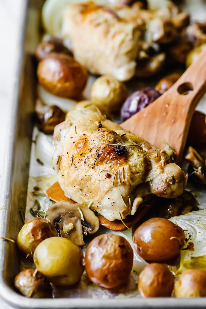 One Pan Roasted Chicken and Potatoes (sheet pan chicken thighs recipe)