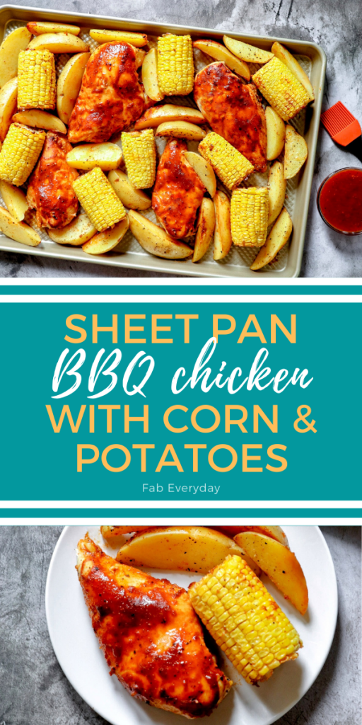 one pan baked barbecue chicken breasts with potatoes and corn