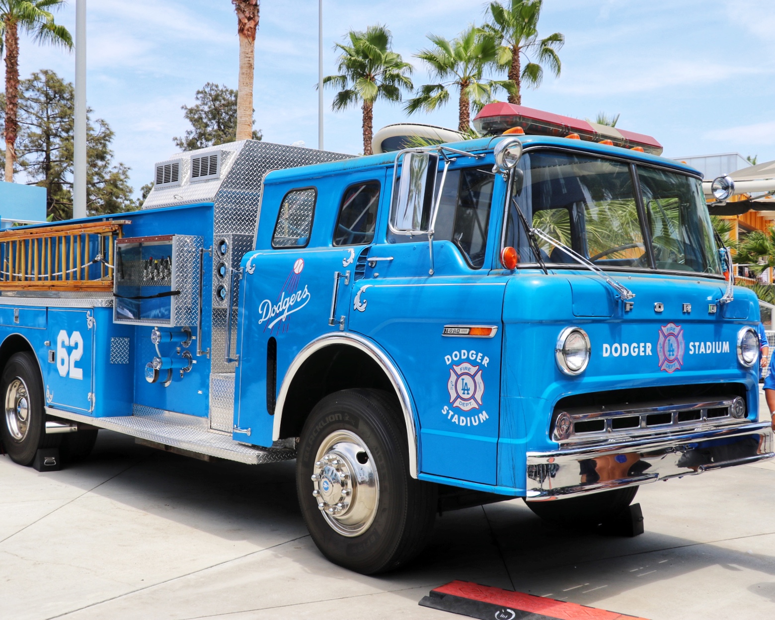 Dodger blue firetruck at Dodger Stadium Centerfield Plaza (Visiting Los Angeles for a Dodgers Game)