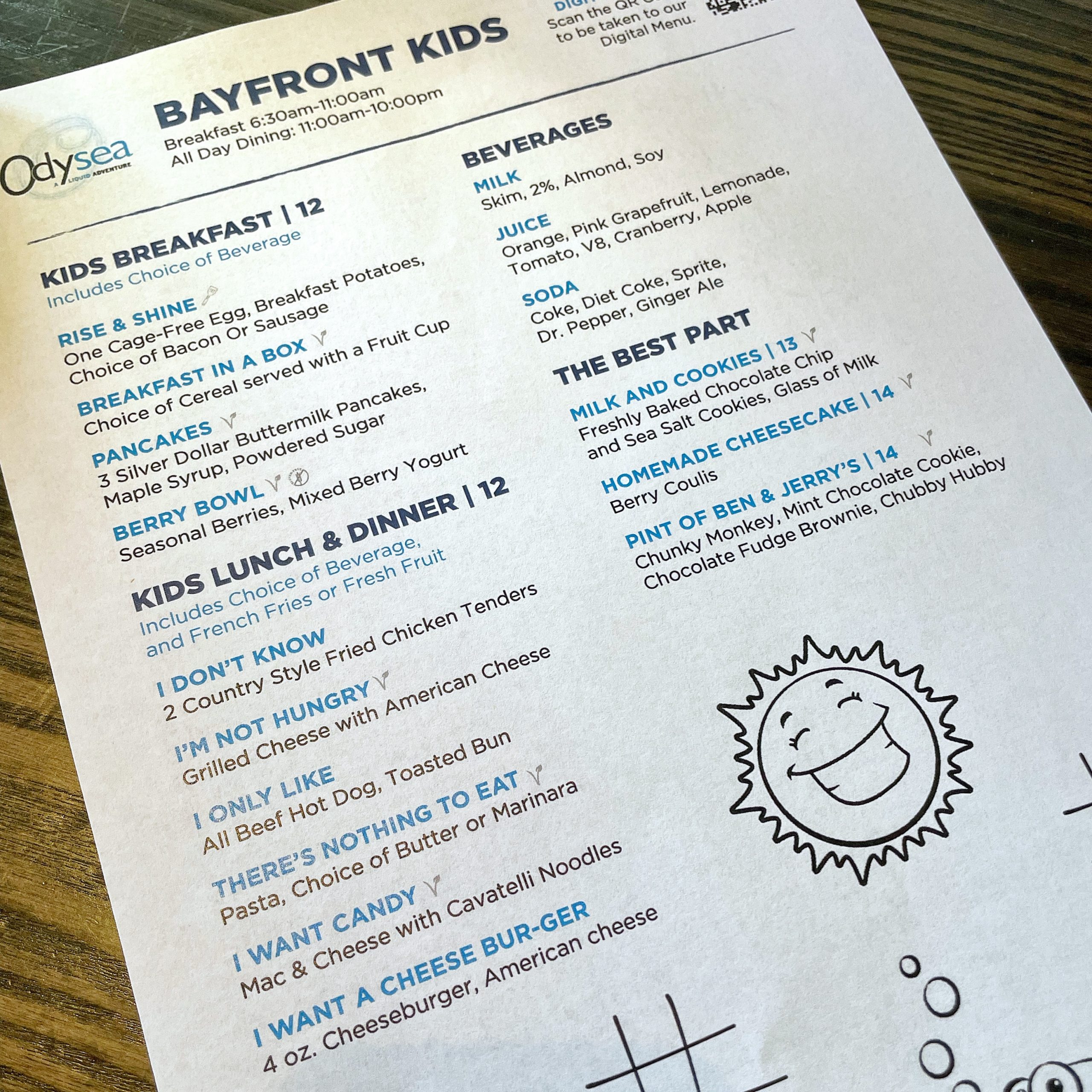 Kid's menu at Hilton San Diego Bayfront Odysea Restaurant