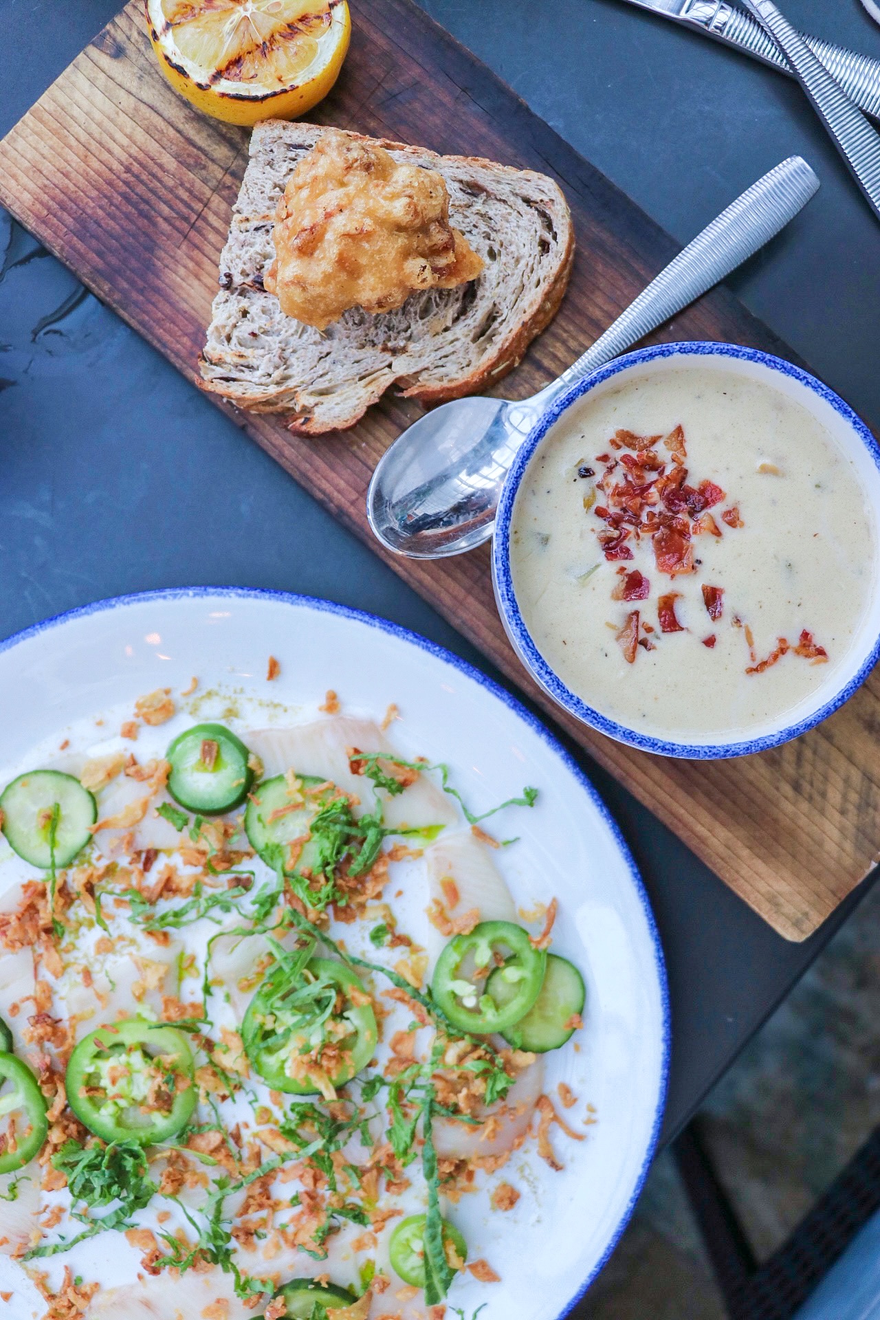 Hamachi Crudo and Creamy Clam Chowder at Beachside restaurant