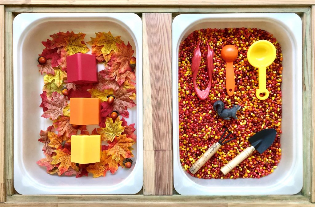 fall themed sensory bin for toddlers