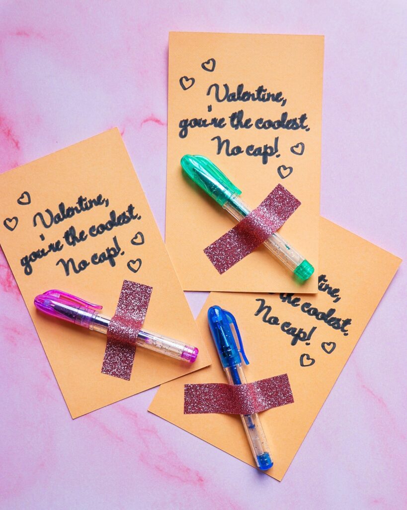 Gen Z Valentines slang cards (Cricut Valentines cards) "Valentine, you're the coolest. No cap" with a mini gel pen