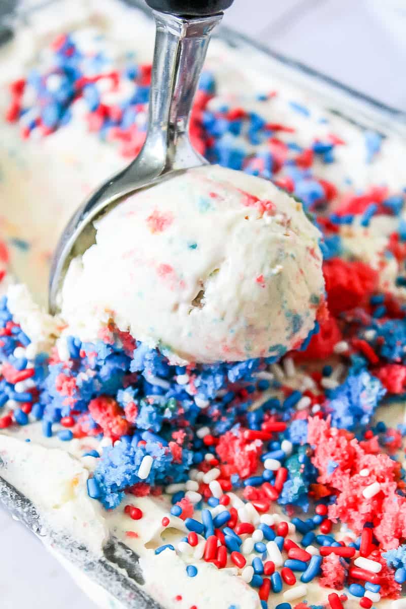 No-Churn Red White and Blue Birthday Cake Ice Cream