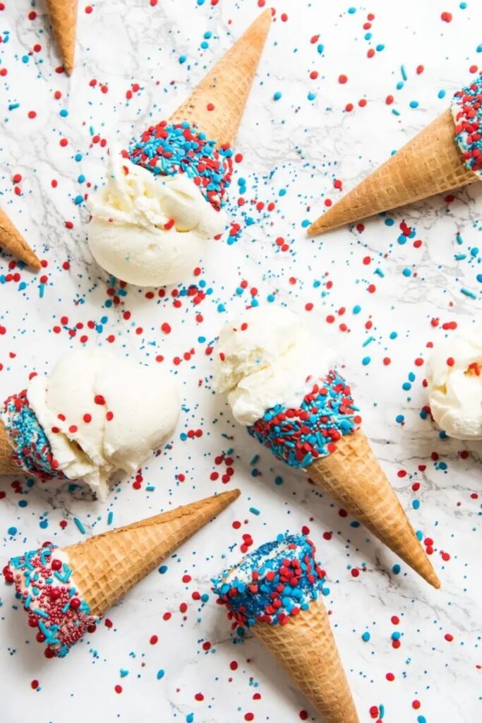 Sprinkle Dipped Red, White and Blue 4th of July Ice Cream Cones