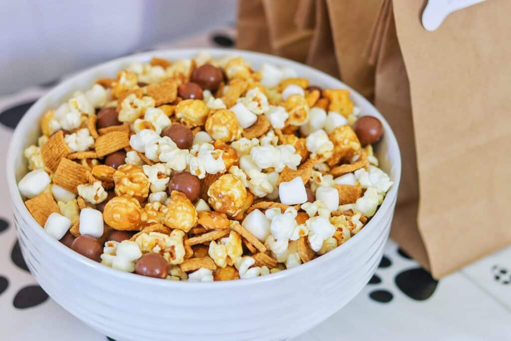 cat and dog themed party food idea: doggie bag snack mix
