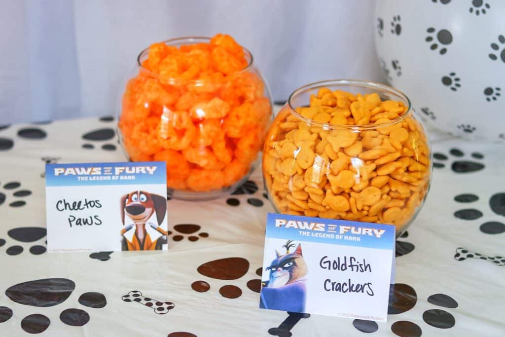 cat and dog themed party food ideas: Goldfish Crackers and Cheetos Paws