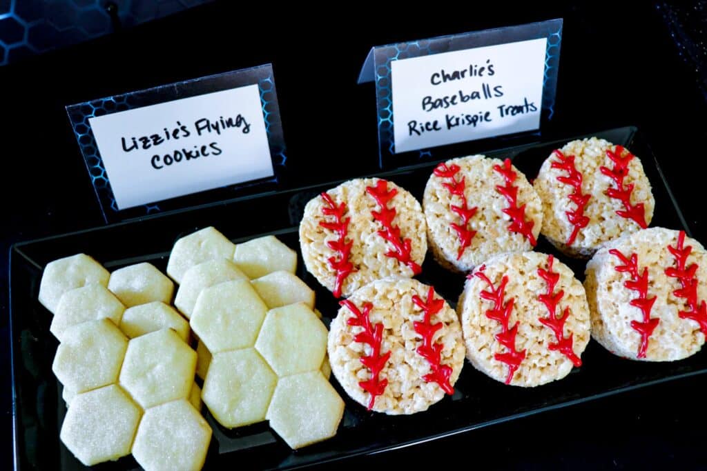 Secret Headquarters Watch Party Food Ideas: Treat Trays with Foods Inspired by Secret Headquarters Powers (Lizzie's Flying Cookies and Charlie's Baseballs Rice Krispie Treats)