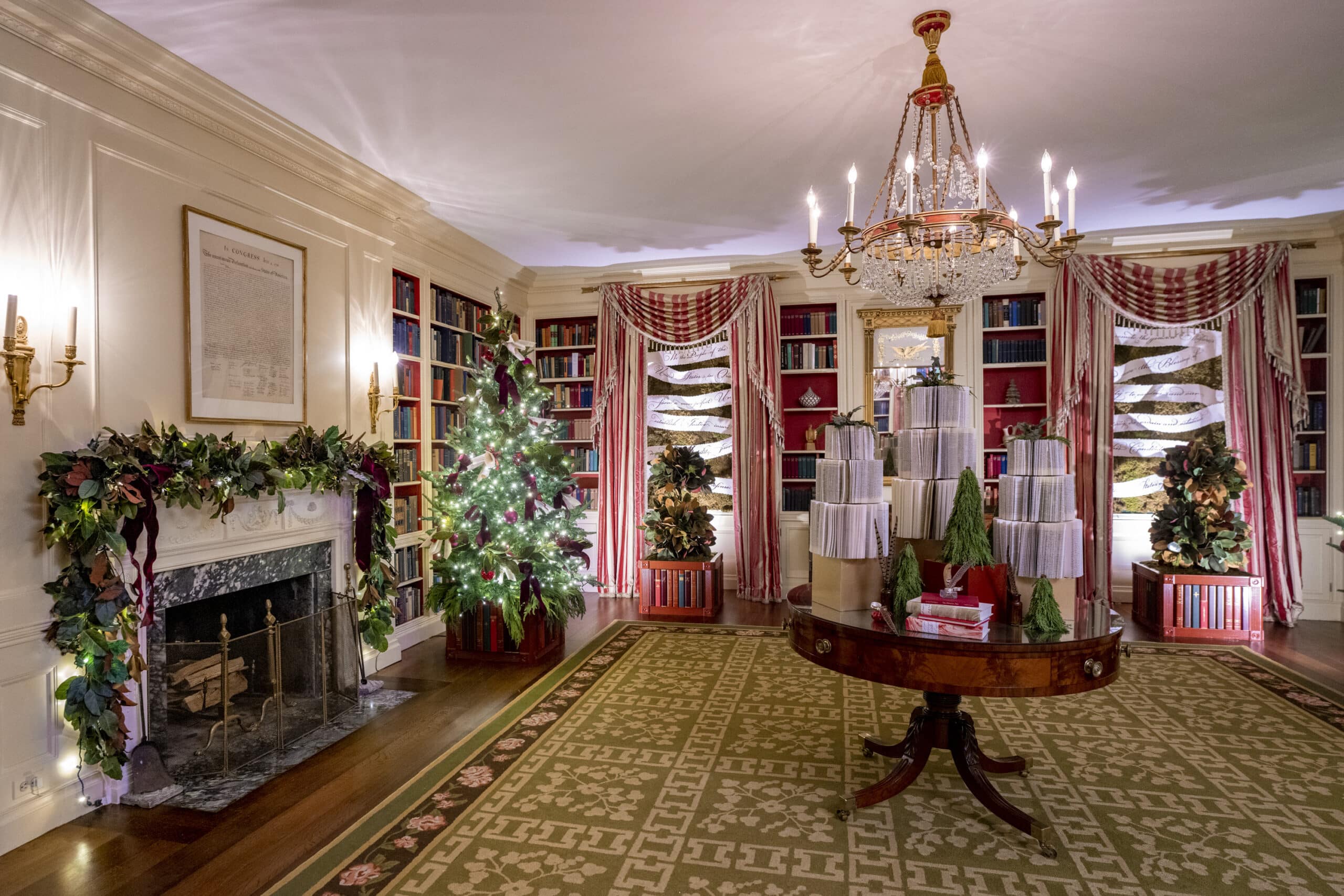 White House Library holiday decorations 2022
