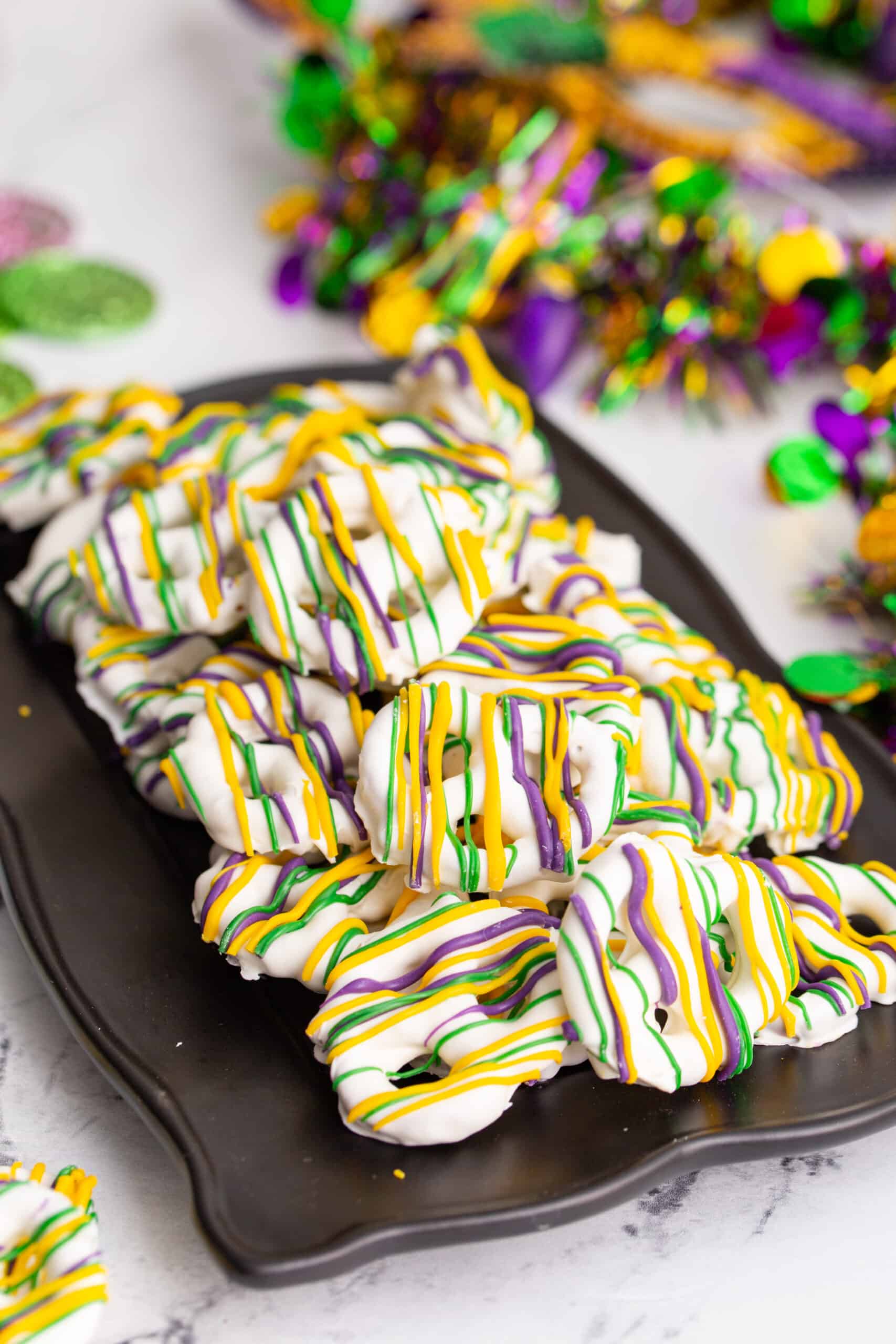 Mardi Gras candies: candy melt pretzels